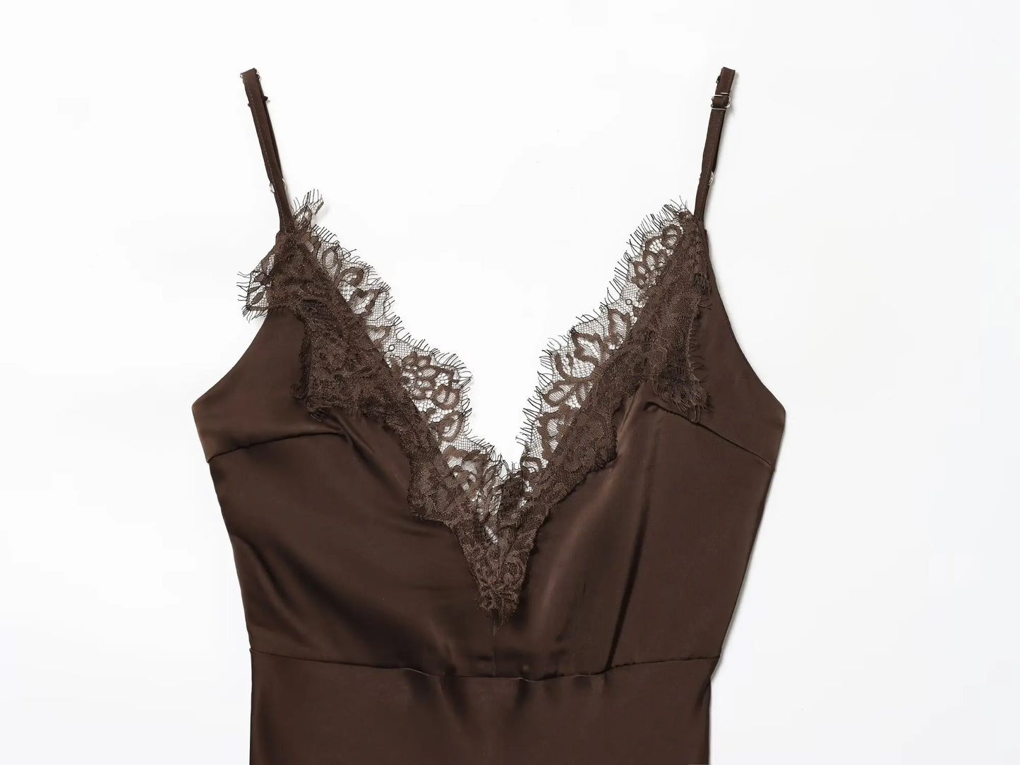 Brown Lace Trim Cami Dress