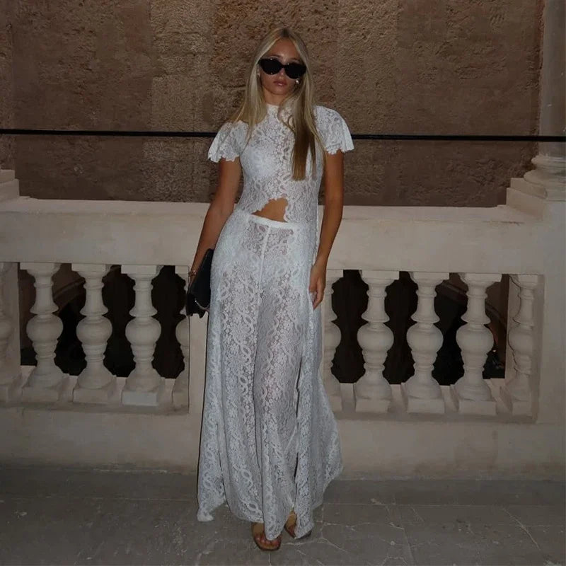 Casual Lace Long Coats Pant Set Women Solid See Through Tops Long Straight Pants Sets Female 2026 Spring Summer Lady Suits