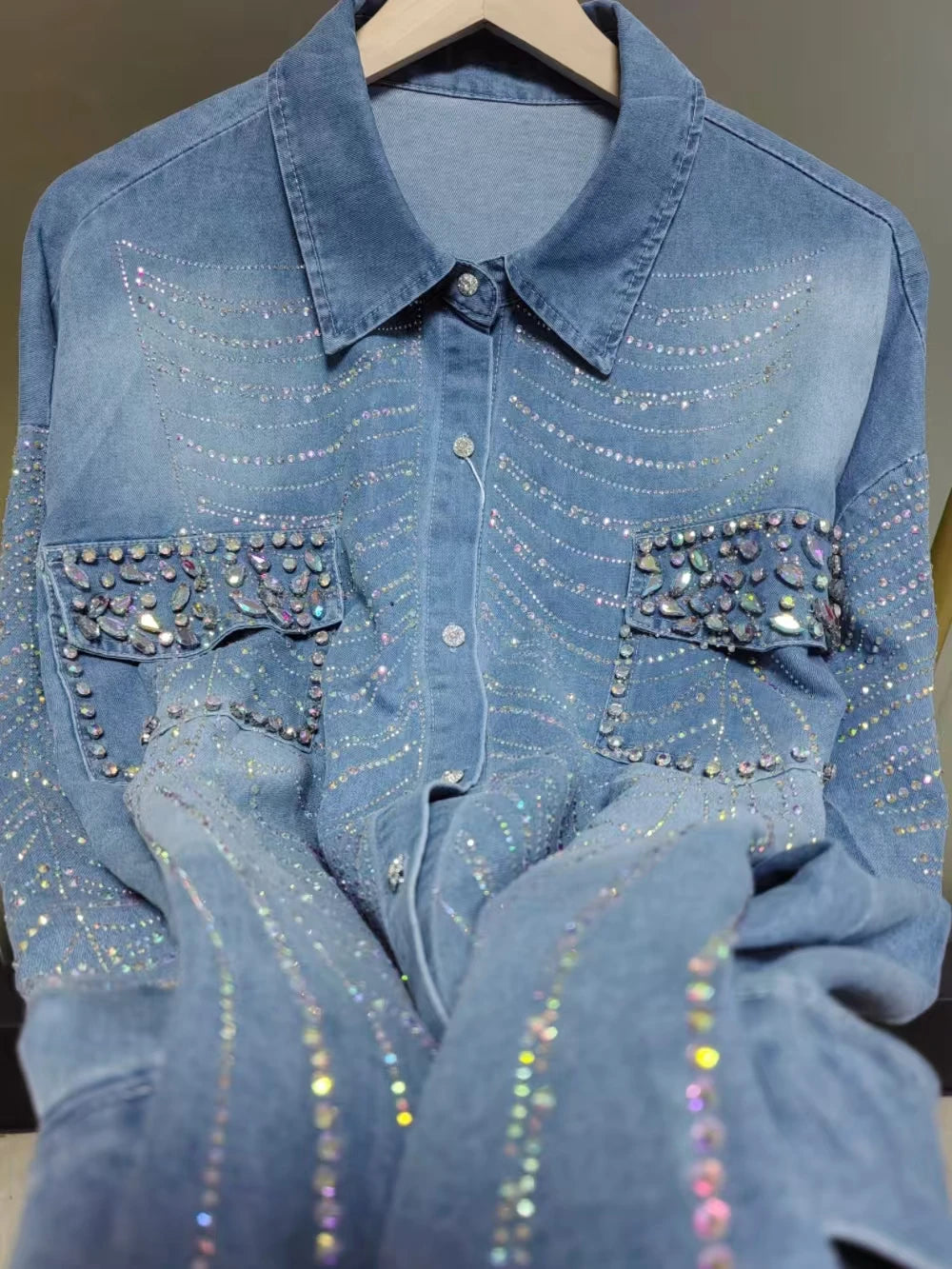 New In Autumn Sparkle Diamonds Mid-length Denim Shirts & Blouses For Women's Fashion Trend 2024   Tops Blusas Woman Clothes