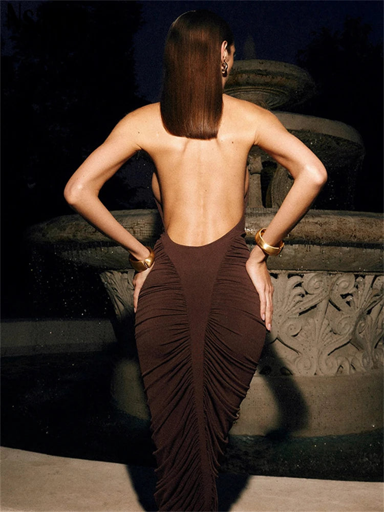 Sexy Ruched HAlter Brown Evening Party