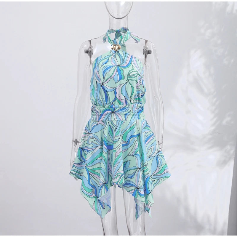 Print Women Dress Backless Mini Dress Halter High Waist Dresses Flared Skirt Hem Waist Shaping Slimming Casual Trendy Street Sty