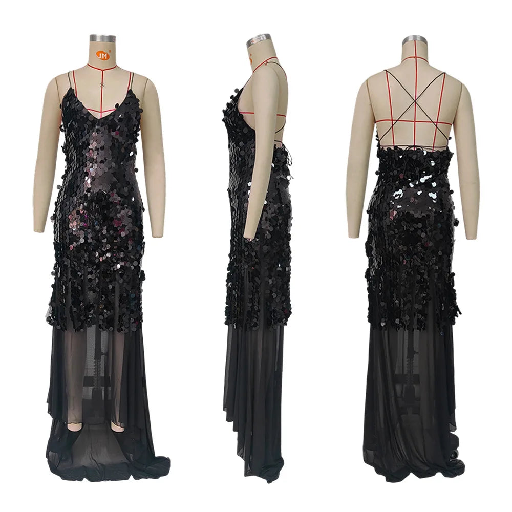 New Summer Sequins Patchwork Mesh Slim Long Dress Women Casual Vacation Dress Sexy Suspender V Neck Backless Evening Dress