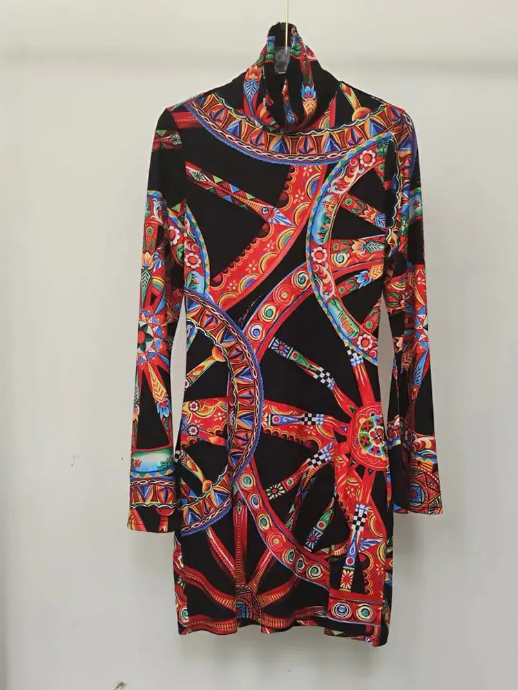 Retro Color Wheel Print High-Neck Long-Sleeve Slim Fit Mini Dress for Women Autumn Elastic Waist Holiday Banquet Temperament Dre - Shellss