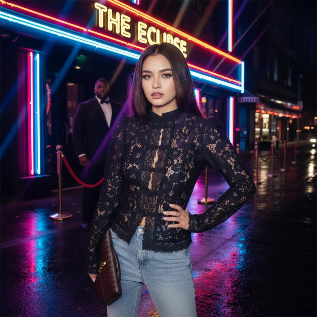 White black puff lace shirt