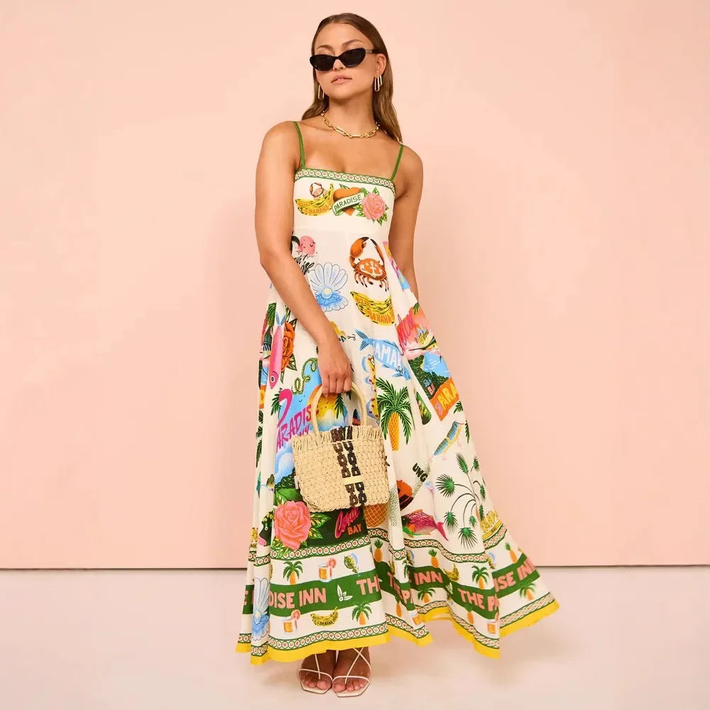 Paradise Graffiti Print Linen Dress
