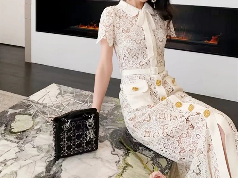 Lace Midi Dress Single Breasted Metal Buttons