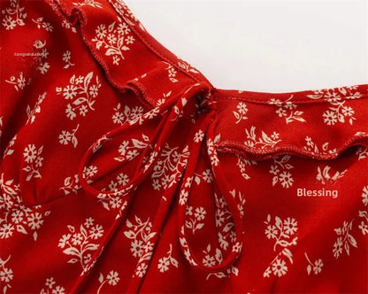 French Vintage Red Floral Print Dress