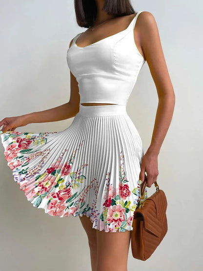 Two Piece Set Mini Print Pleated Skirt Set