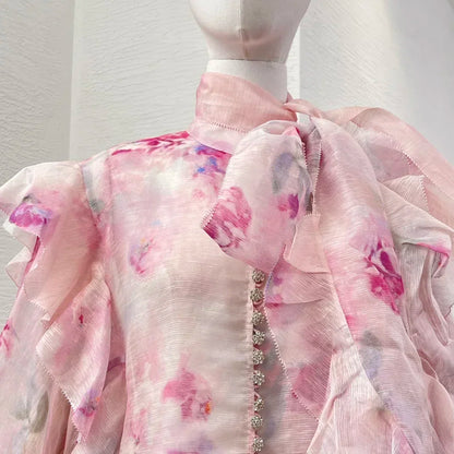 Pink Romantic High Quality Floral Print Ruffles