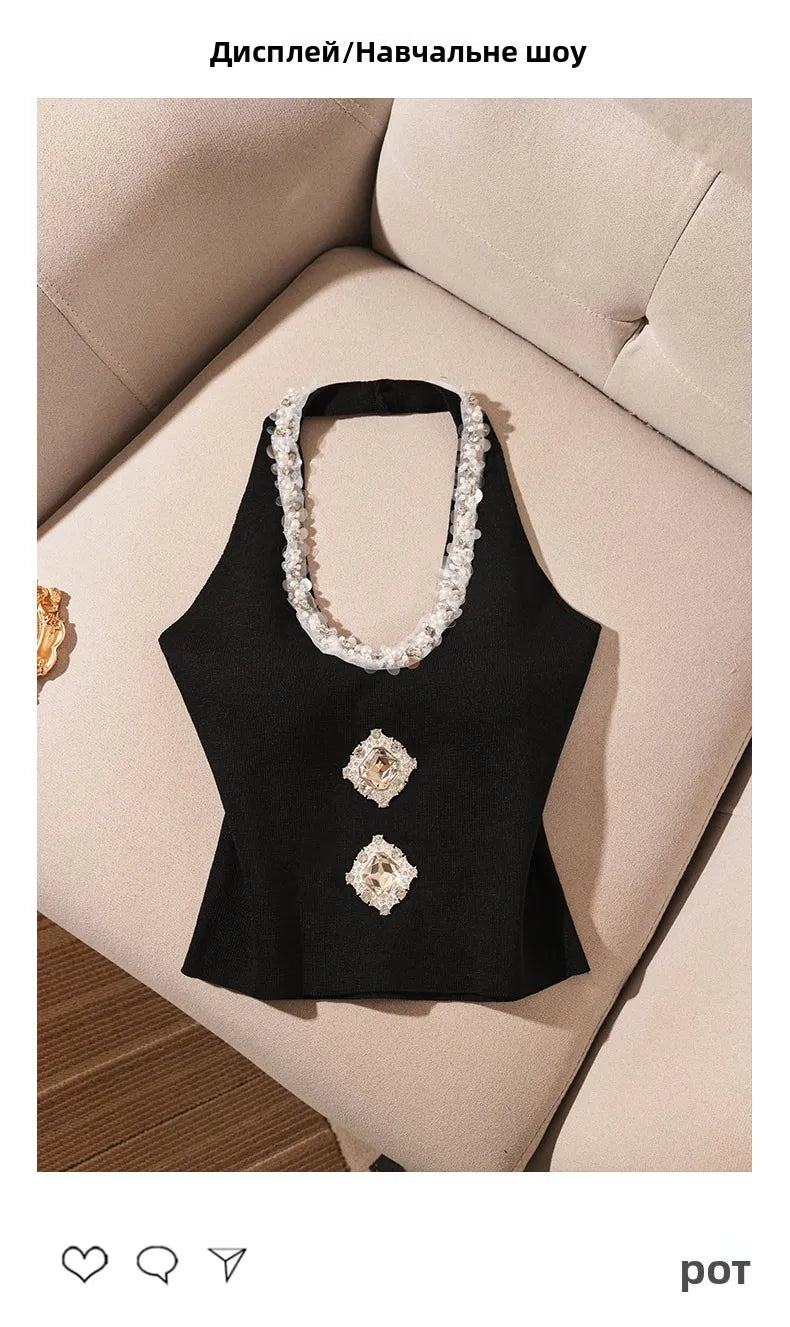 Heavy-Embroidered Diamond Backless Hanging Neck  Strap Vest Women Summer Slim Fit Short Spicy Sleeveless Black Top Women