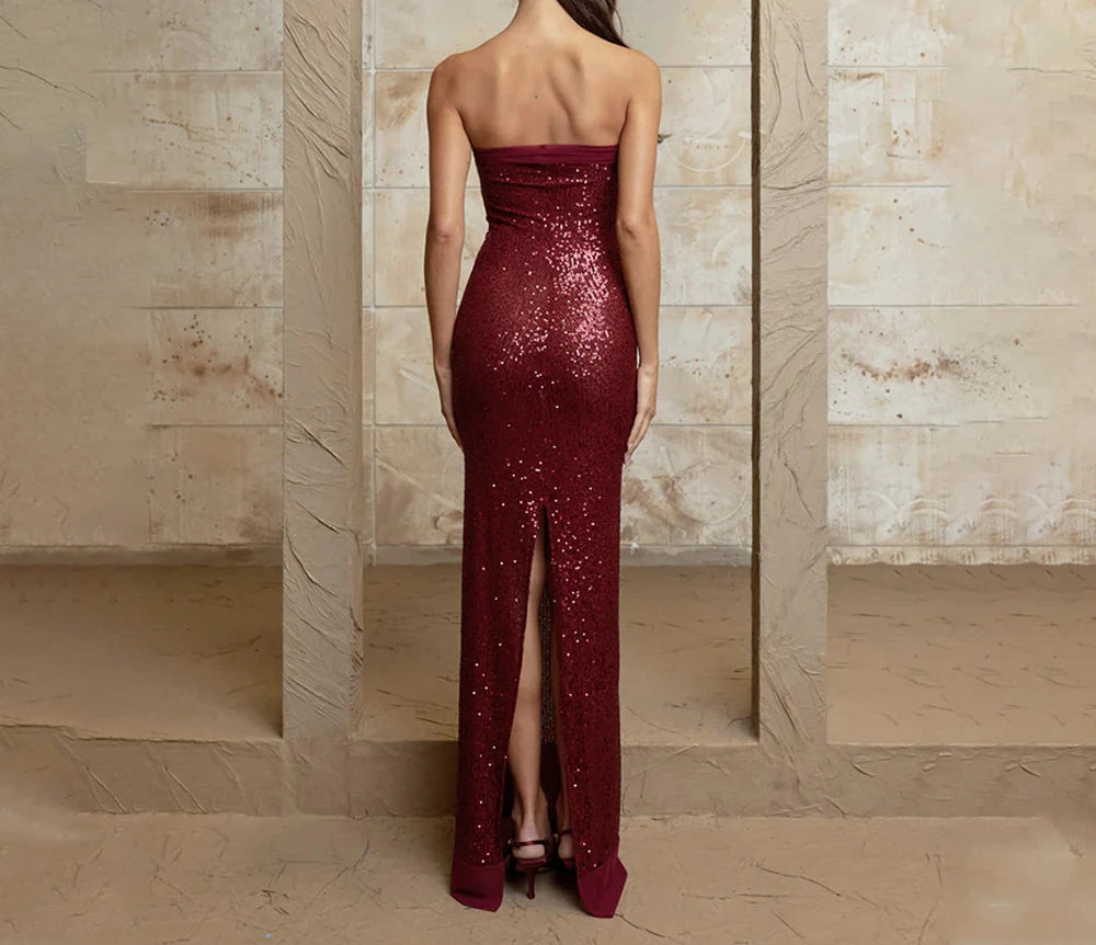 TWOTWINSTYLE Solid Slimming Fashion Dresses for Women Strapless Sleeveless Patchwork Sequins Midi Split Dress Female Clothing