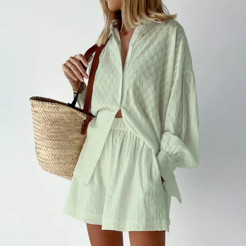 Elegant Jacquard Solid Color Shirt & Shorts Two-Piece Set