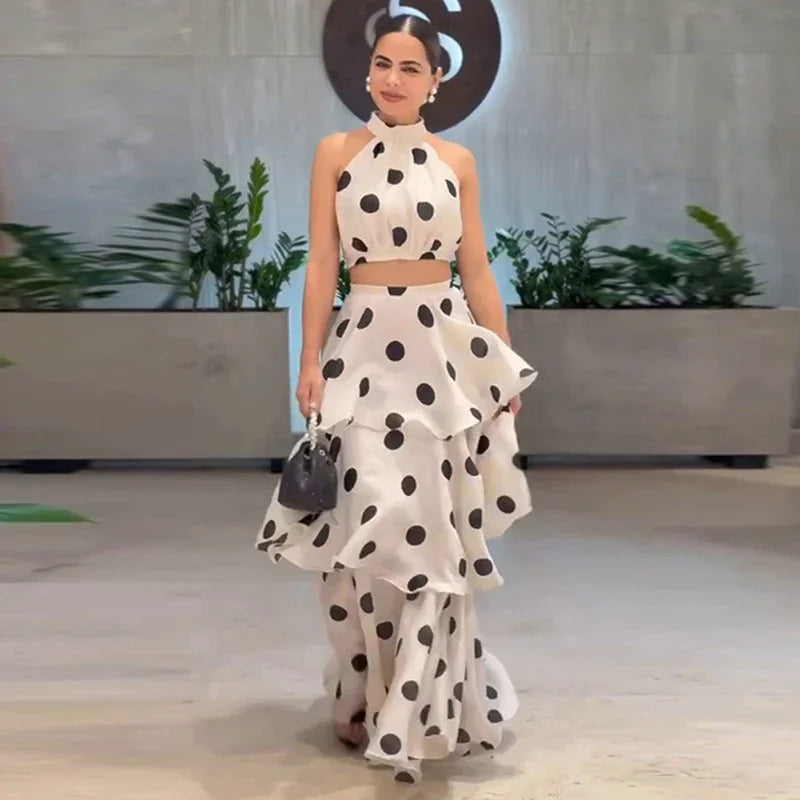 1 Polka Dots Vest Ruffles A-line Long Skirt set