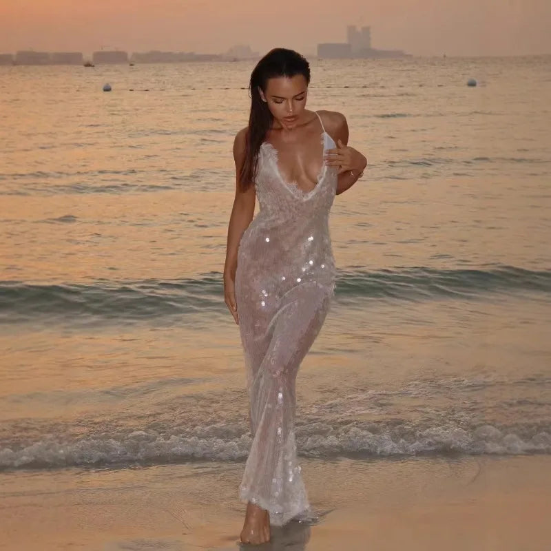 Sexy Sheer Sequin Lace Trim Spaghetti Strap Maxi Dress Deep V‑Neck Backless Bodycon Dresses Beach Vacation Evening Party Gown