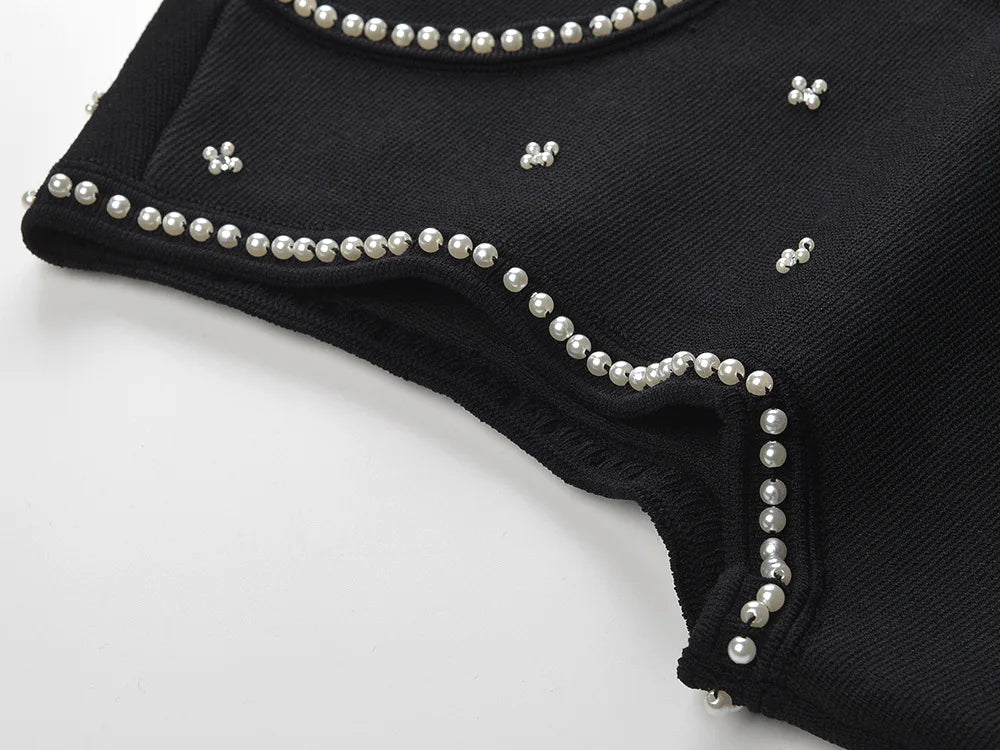 Sandro Summer New French Style Heavy Beaded Slim Fit Black Round Neck Sleeveless Top + Skirt