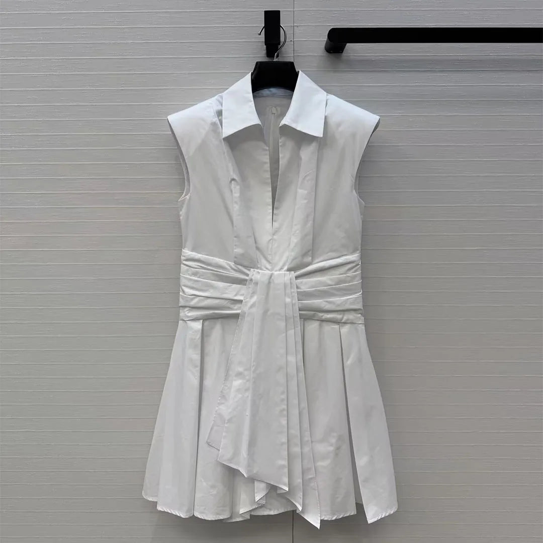 Elegant Fashion Summer White Dress Women Sweet Lapel Sleeveless Slim Wasit Lace-up Belt Mini Dresses