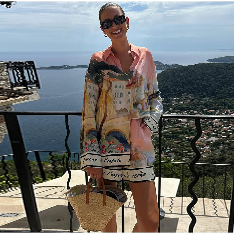 Fashion Printed 2 Piece Set Loose Lapel Button Long Sleeved Shirt Elastic Waist Shorts Suit 2025 Summer Autumn Beach Lady Set