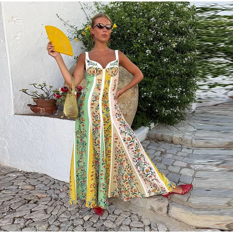 Women's Floral Print Linen Blend Maxi Dress Sweetheart Neckline Sleeveless Panelled Form With Contrast Floral Print