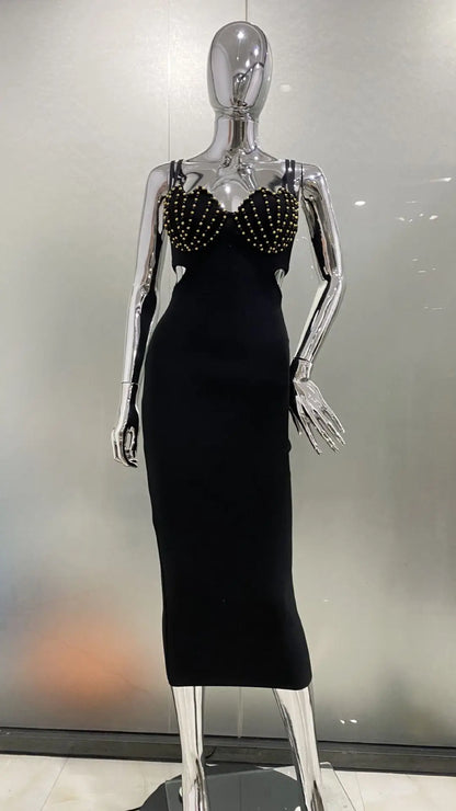 TWOTWINSTYLE Solid Slimming Spliced Pearl Dresses for Women Square Neck Sleeveless Patchwork Hollow Out Tunic Dress Female New