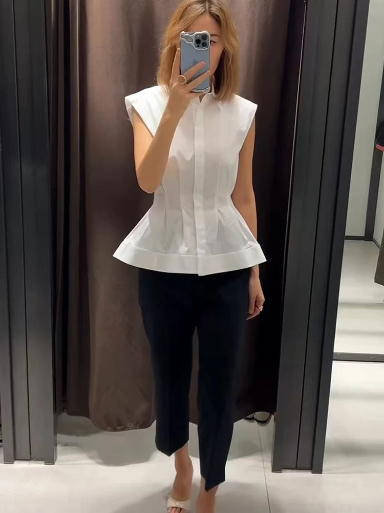 TFMLN Women's Pleated Shirt Spring Summer Vintage Lapel Collar Sleeveless Blouses Simple Flared Hem Ladies Tops 2026 New