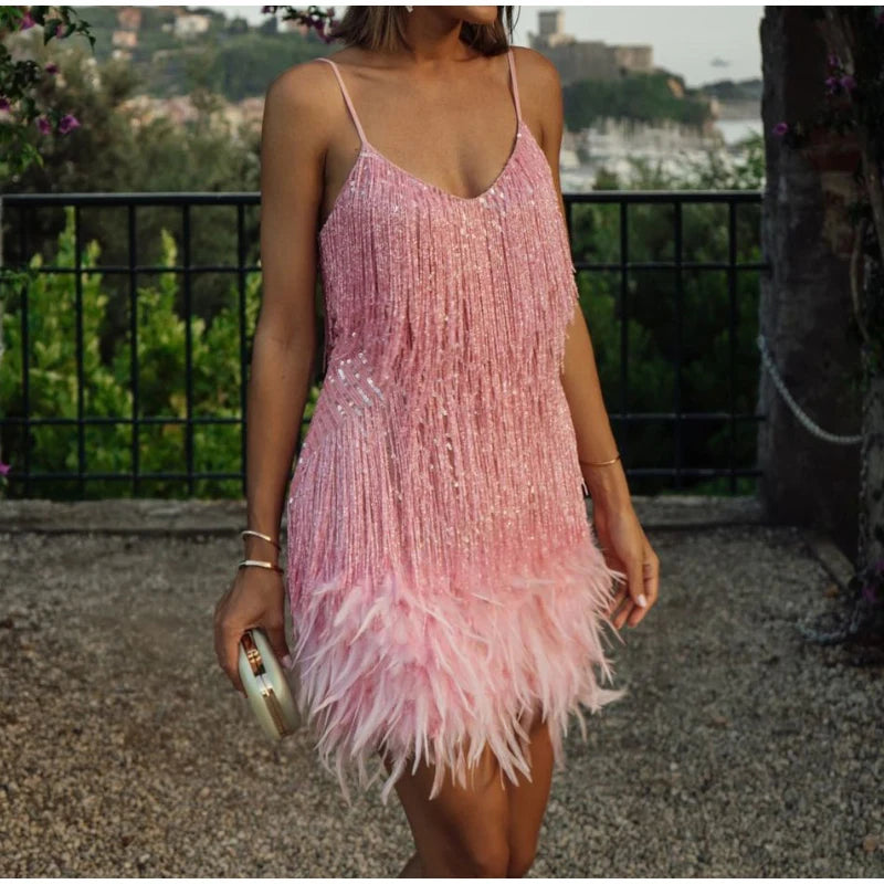 Tassel Sequins Feather Mini Dress