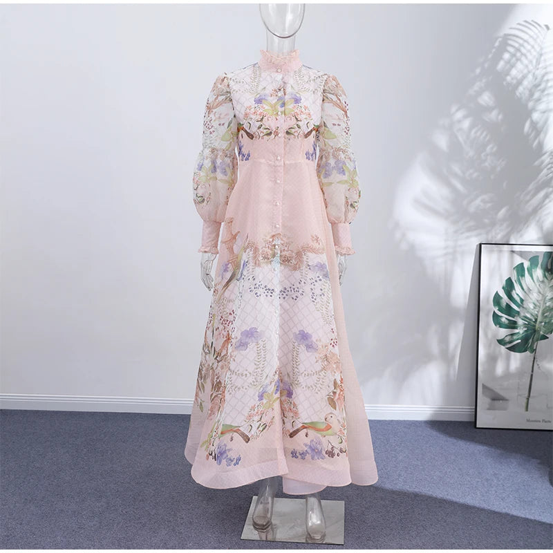 Floral Print Women Dress Button Down Mock Neck Maxi Dresses Long Lantern Sleeve A-Line Waist Belt Flared Hem Elegant Streetwear - Shellss
