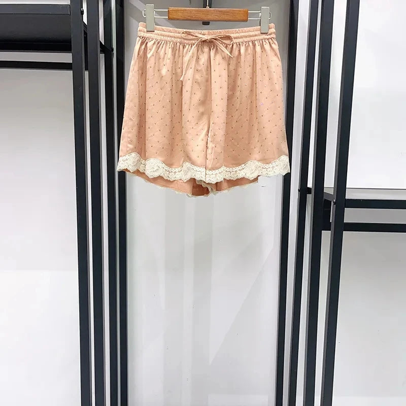 Rhinestone Decoration Women's Lace Trim Short Shirt Waist Drawstring Blouse Top or Lace-Up Waist Elastic Shorts for Summer New - Shellss