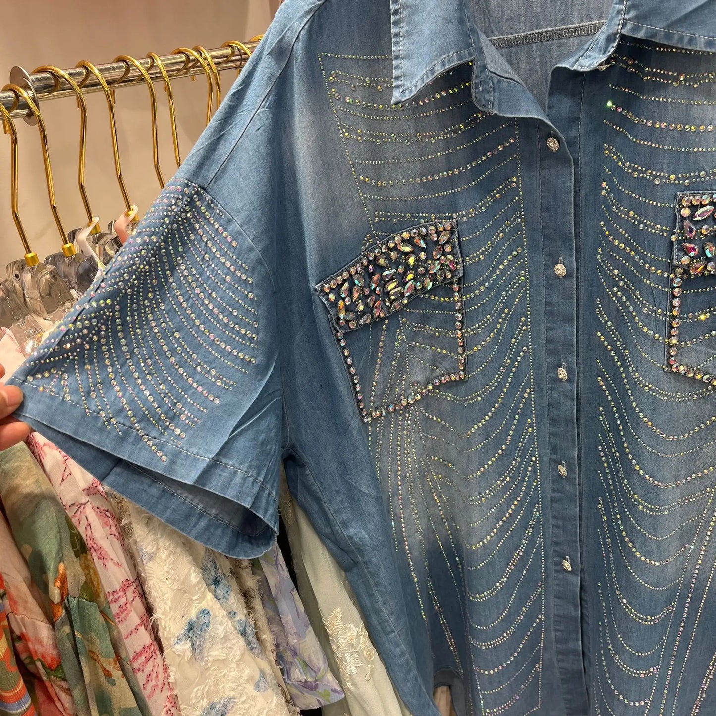 Exquisite Rhinestone Short Sleeve Denim Shirt