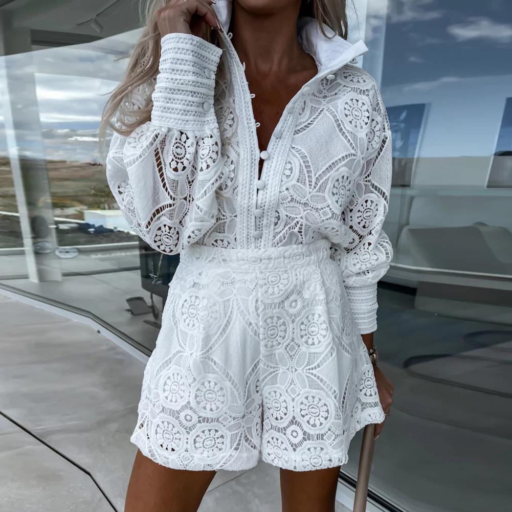Elegant Lace Embroidered Blouse & Wide-Leg Shorts Set - Shellss