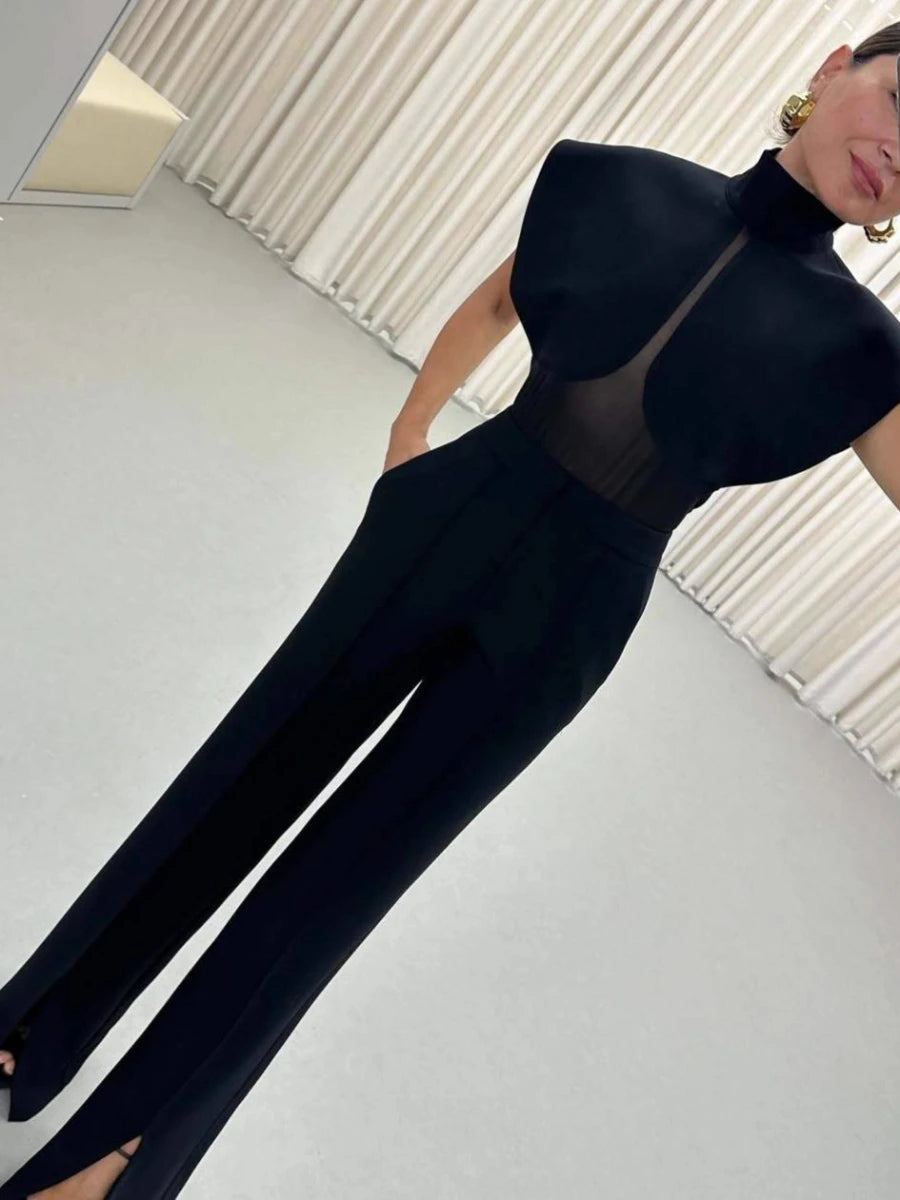 TWOTWINSTYLE Black Loose Spliced Mesh Jumpsuits for Women Stand Collar Sleeveless Sexy Temperament Jumpsuit Female Fashion New