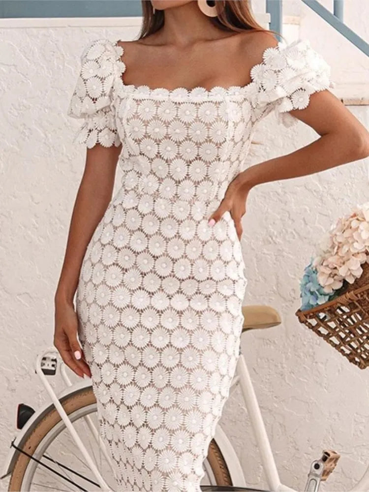Women's Hollow Out Flower Lace Patchwork Slim Midi Dresses Temperament Solid Color Package Hip Dress Lady Commuting Vestidos - Shellss