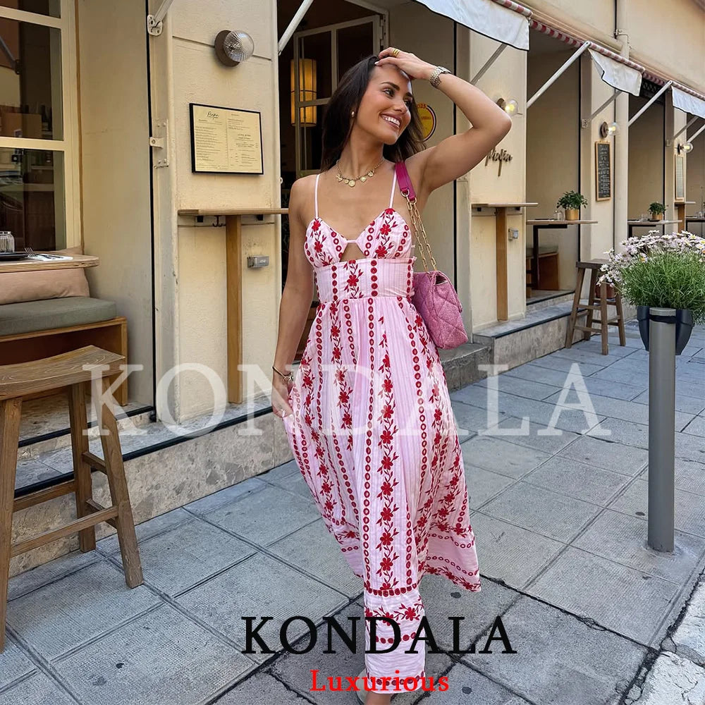 KONDALA Vintage Boho Embroidery Pink Cami Dress Women Backless Lace Up Holiday Beach Dress Fashion 2026 Summer Elegant Dress