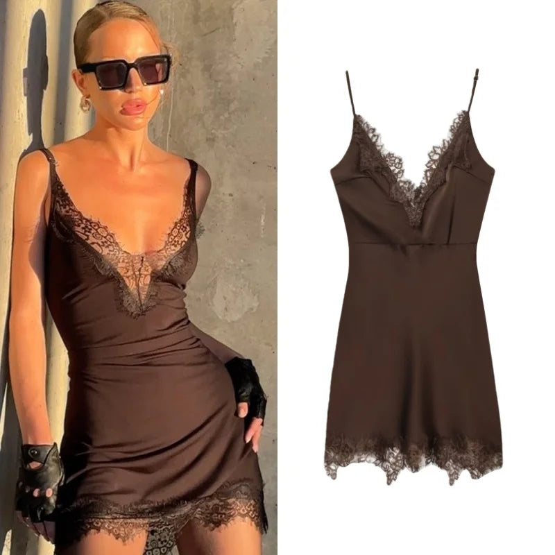 Brown Lace Trim Cami Dress