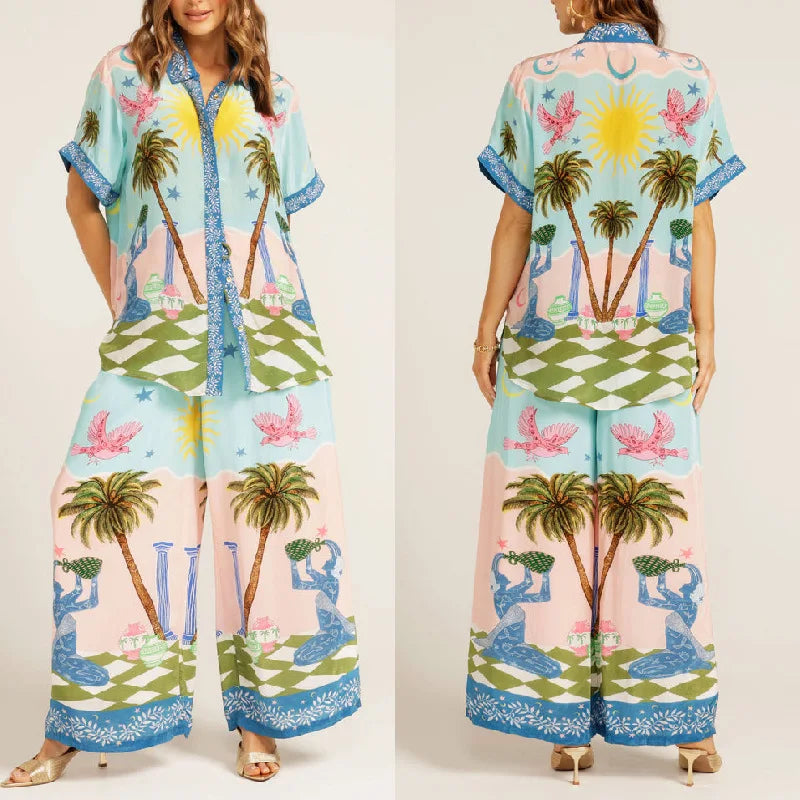 Printed Short Sleeve Tether Set Women's Fashion Ensemble Long Pants Winter Season Brand Unbranded Three-piece Combination - Shellss