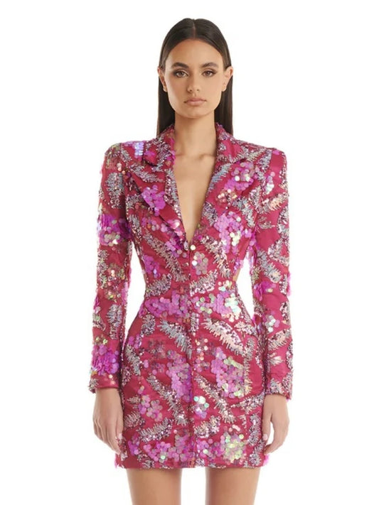 Beautiful Pink Blazer Mini Dress Sexy Backless Sequined Premium party collection