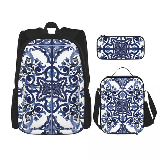 Blue Ornate Floral Mediterranean Sicilian Tile Backpacks Bookbag Children School Bags Rucksack Lunch Bag Pen Bag Three-Piece Set