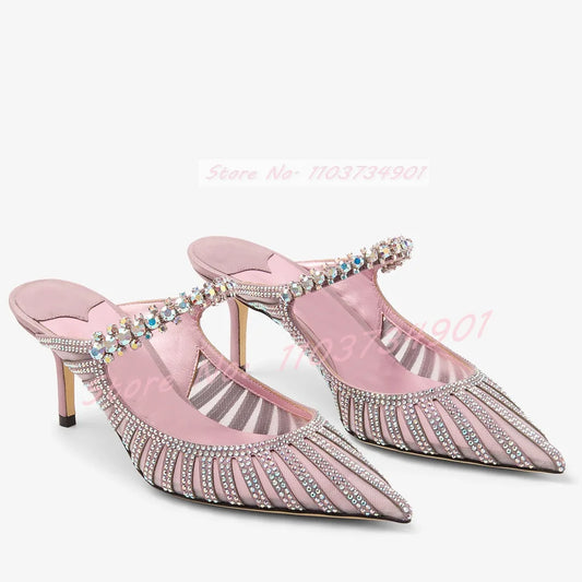 Mesh Crystals Elegant Pointed Toe Slippers Heels High class