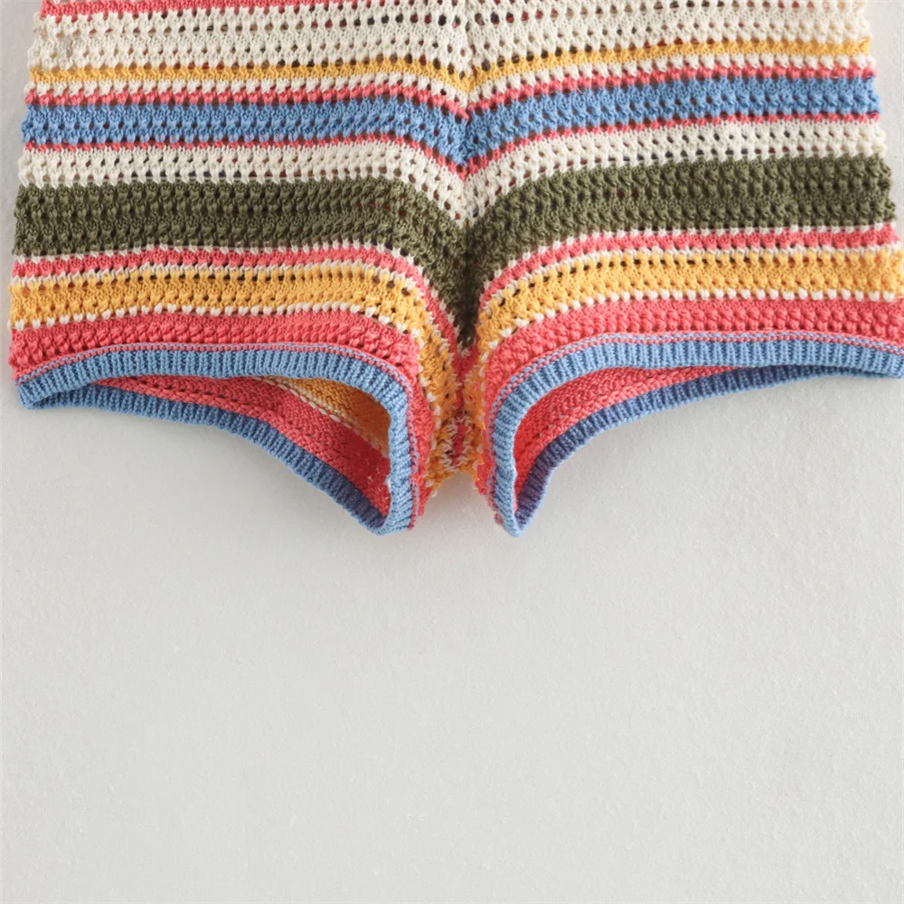 POLO collar short knitted striped shorts set