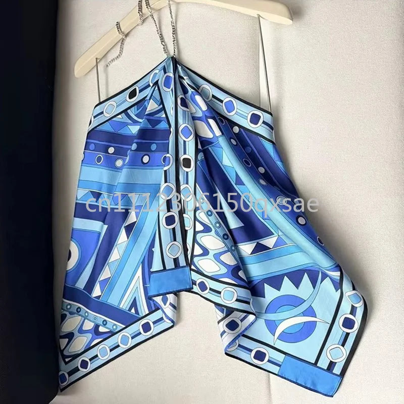 Luxury Design Women's Blue Dress Sets with Designer Signature Letter Logo Luxury Brand Lady Sexy Sleeveless Halter Tops Sets - Shellss