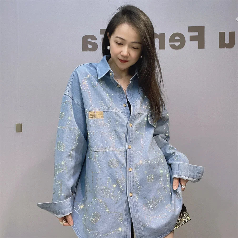 Women Hot Drilling Animals Sequined Denim Shirt Autumn Rhinestones Jeans Jacket Crystal Cowboy Cardigan Single Breasted Tops