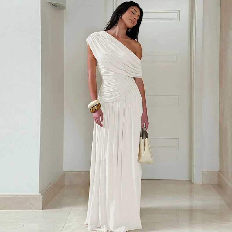 Hugcitar One Shoulder Ruched Sleeveless Solid Pleated Sexy Irregular Y2K Maxi Dress Summer Elegant Party Women Clothes Vacation - Shellss