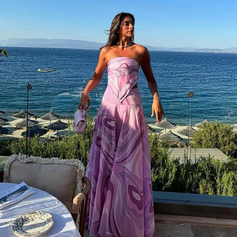 Printed Strapless Pink Skirt Set