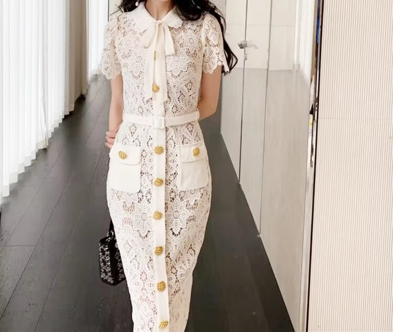 Lace Midi Dress Single Breasted Metal Buttons