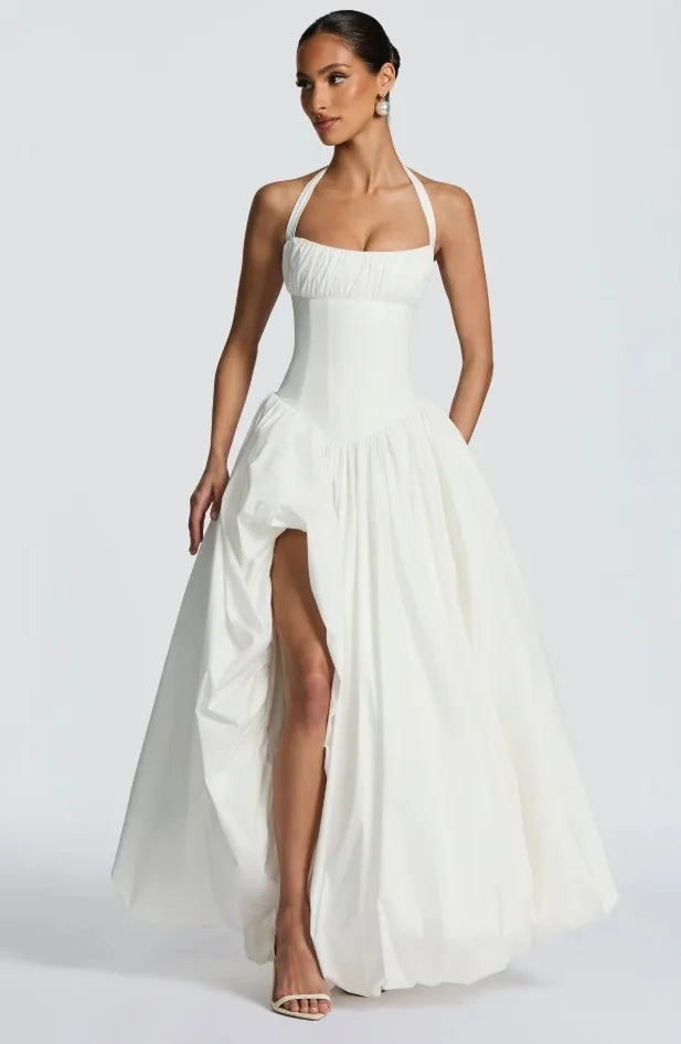 Princ Sle Long Dr LinJ High Waist Fibone Split Ne Hanging Strap European Sle Casual Wear for Middle-Aged Women - Shellss