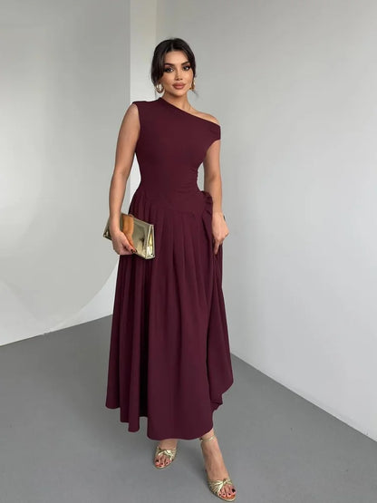 Elegant Wine Red Irregular Neck High Waist Pleated Hem