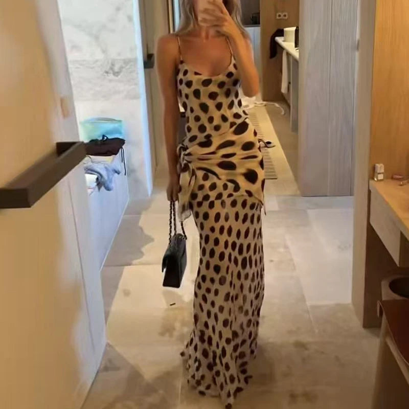 2026 Summer Polka Dot Print Long Dress Off Shoulder Lace Up Slim Fit Holiday Dress Ladies Sexy Backless Cocktail Party Dresses