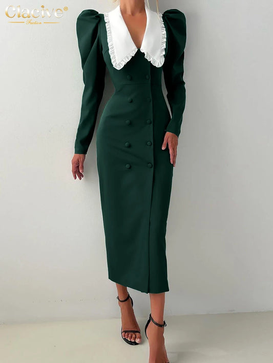 Bodycon Lapel Long Sleeve Midi Elegant Classic Patchwork Green