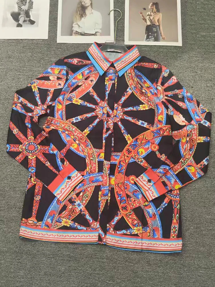 2026 Summer Women's Clothing Retro Geometric Print Sexy Suspender Lapel Shirt Two-piece Set + Shirring Loose Skirt Fashion Suit - Shellss