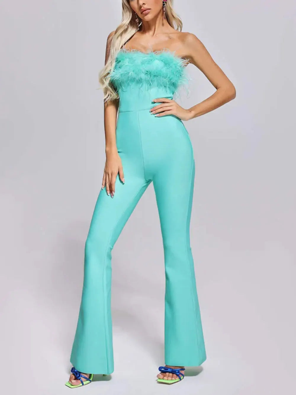 Women Strapless Sleeveless Off Shoulder Feather Design Bandage Jumpsuit