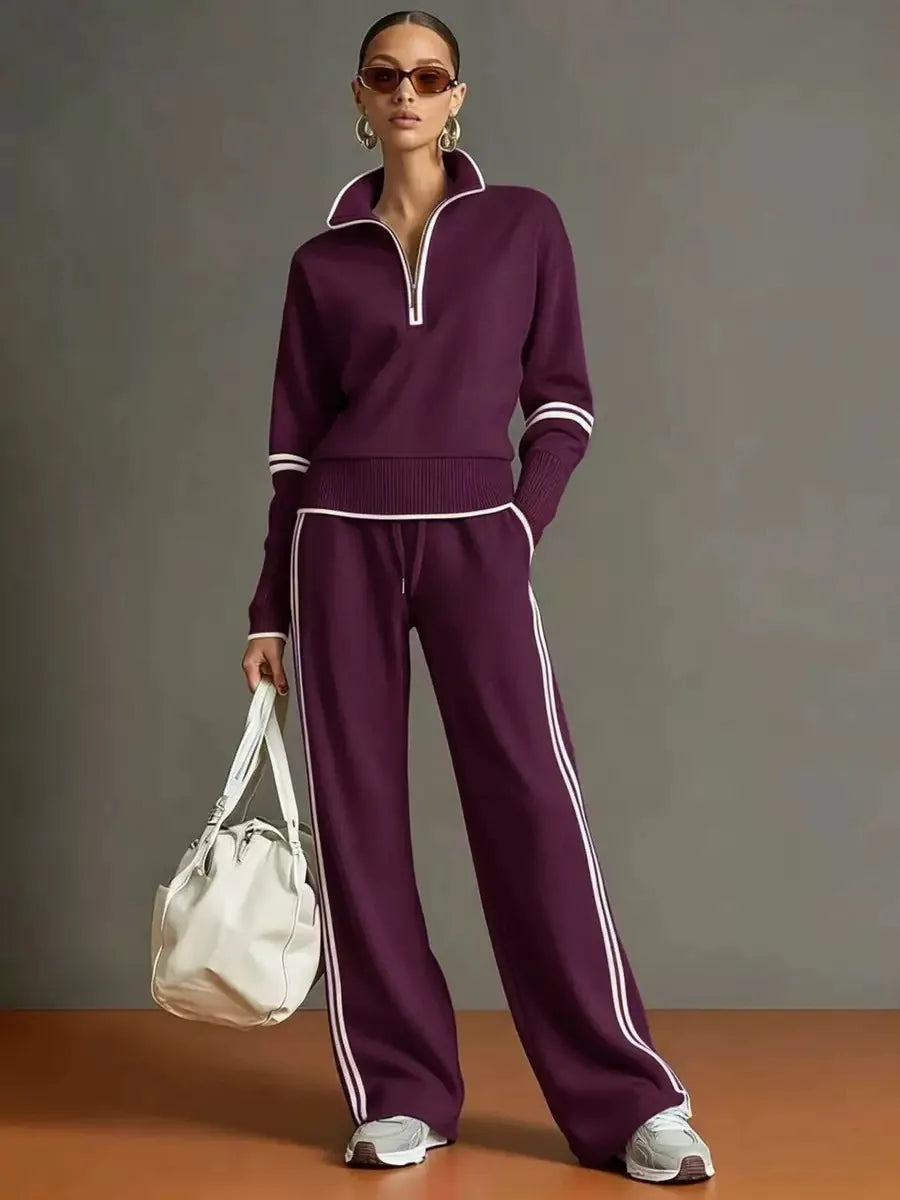 Women European Style Half Zip Knit 2 Piece Outfit Stand Collar Long Sleeve Sweater Drawstring Wide Leg Pants Matching Set Casual